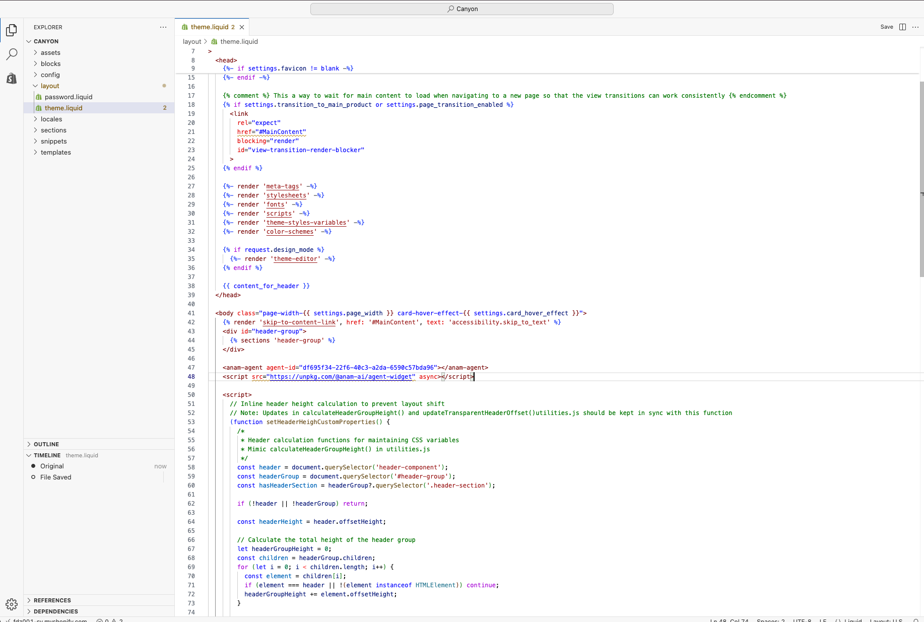 Shopify code editor showing theme.liquid with the Anam widget code inserted after the body tag
