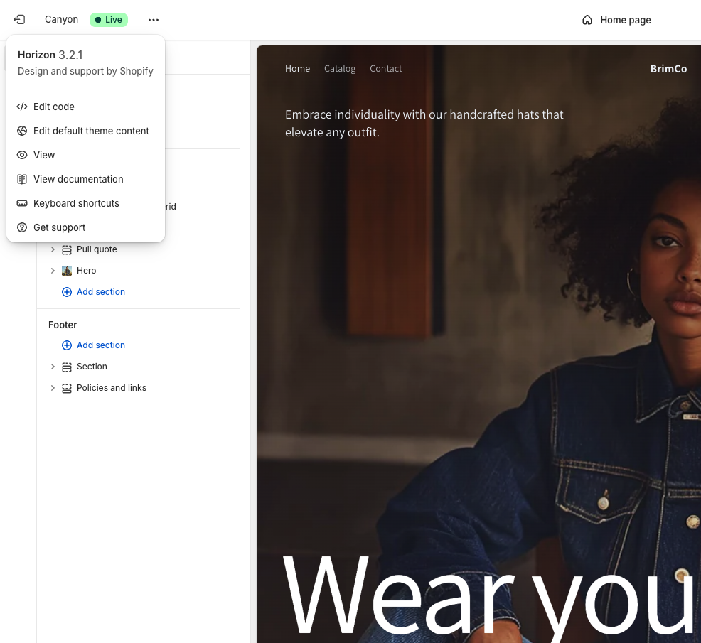 Shopify theme editor showing the three-dot menu with Edit code option