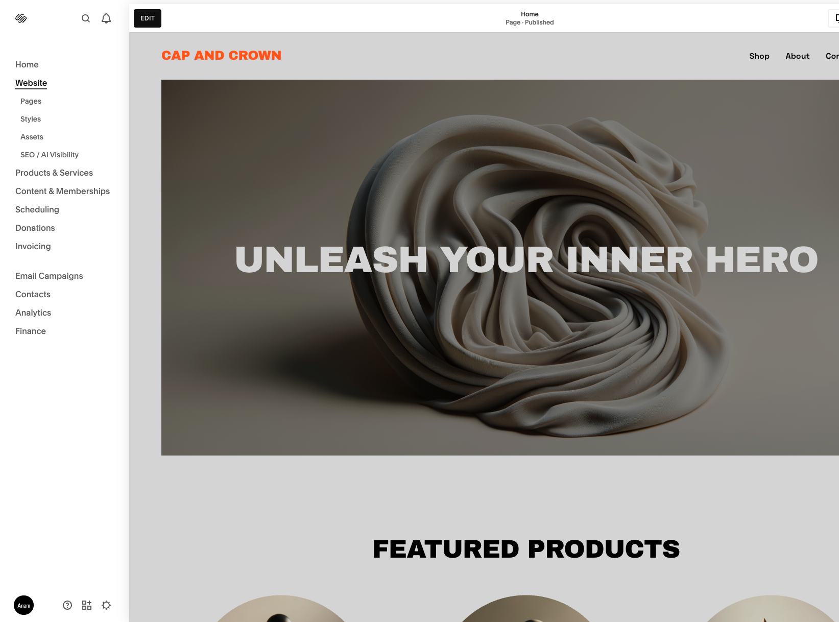 Squarespace dashboard with the Website menu expanded