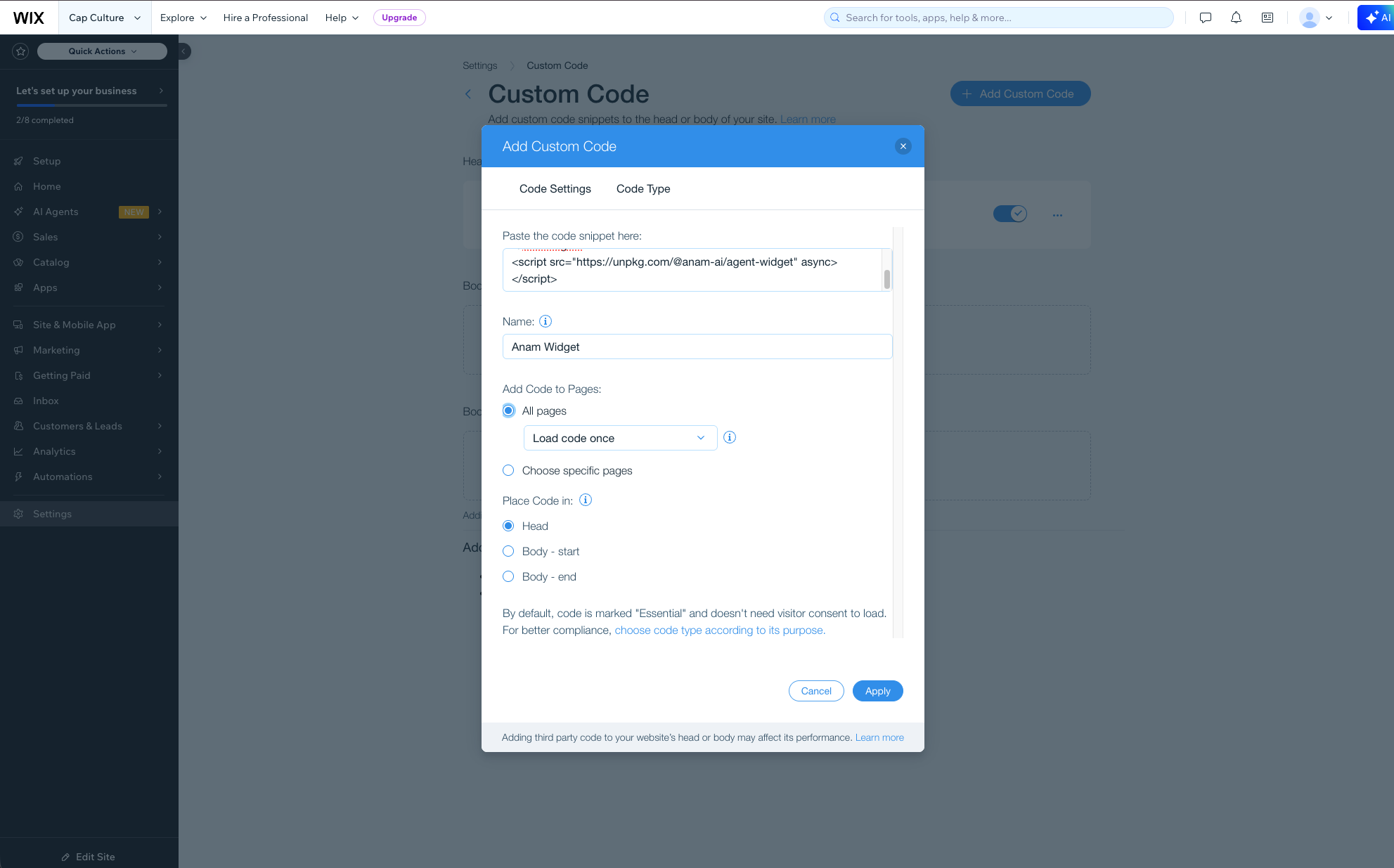 Wix Custom Code dialog with the Anam widget snippet pasted and configured for all pages