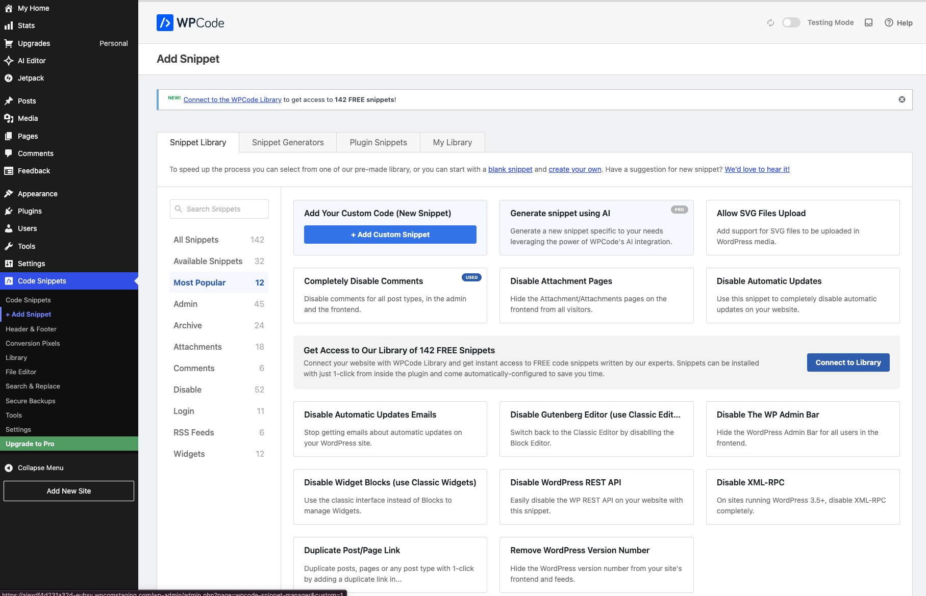 WPCode Add Snippet page showing the custom snippet option