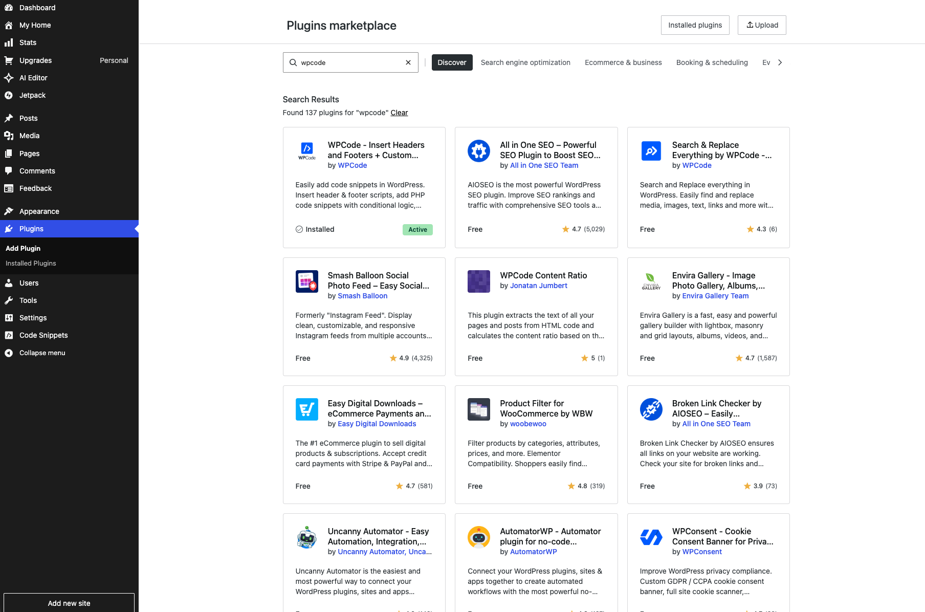 WordPress plugin marketplace showing WPCode in search results